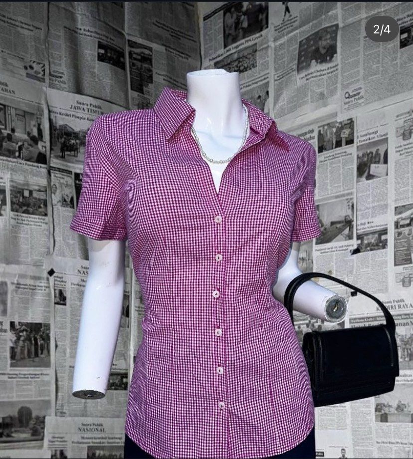 ‏ Pink & White Checkered shirt