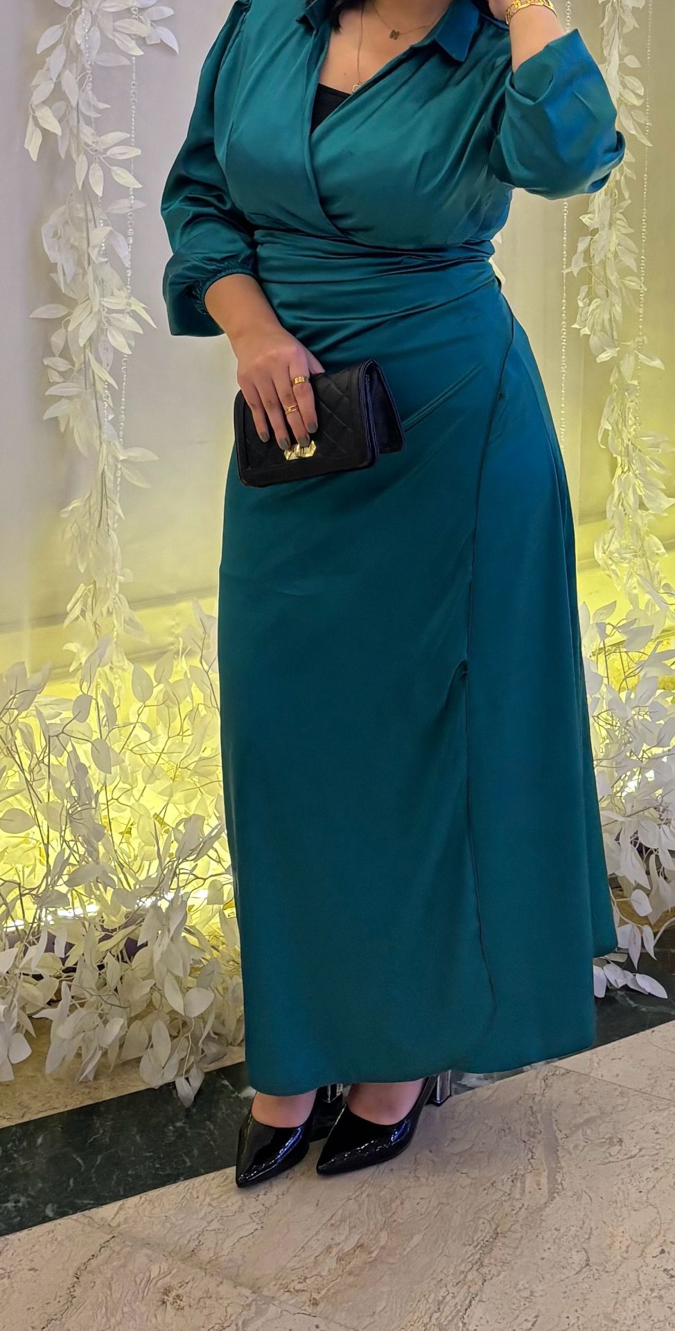 emerald satin wrap dress