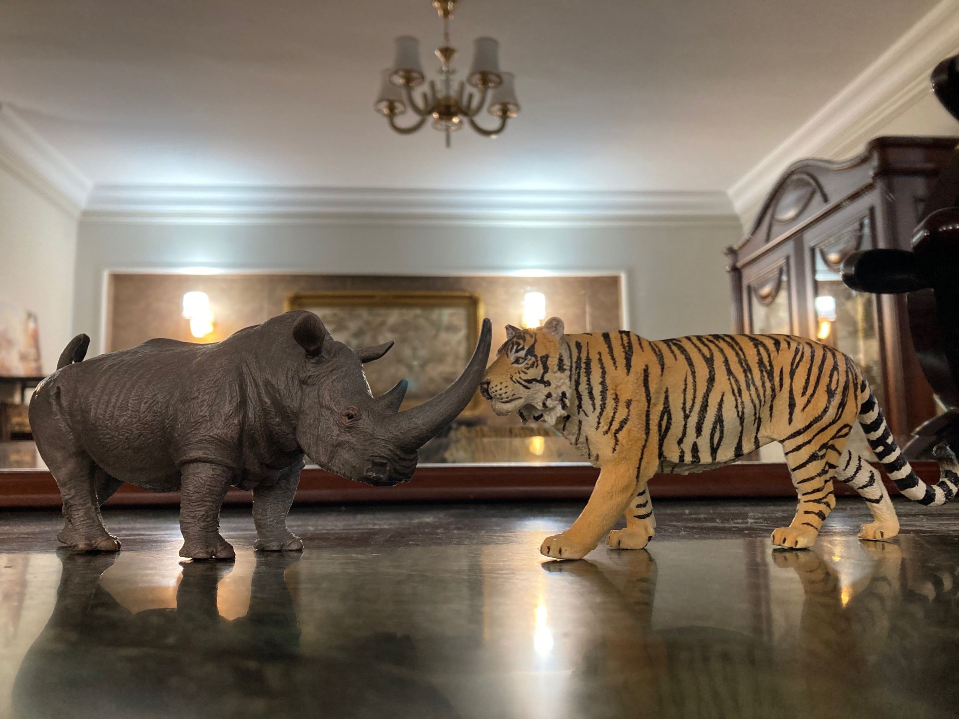 realistic tiger+rhino statues