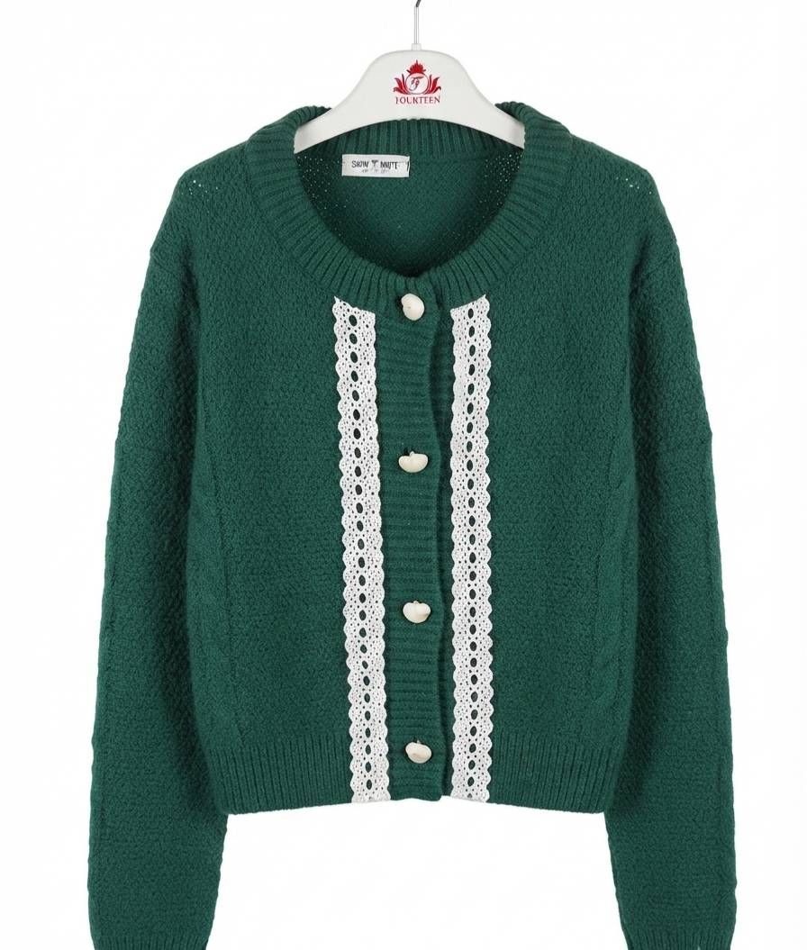 Green knitted blouse with lace