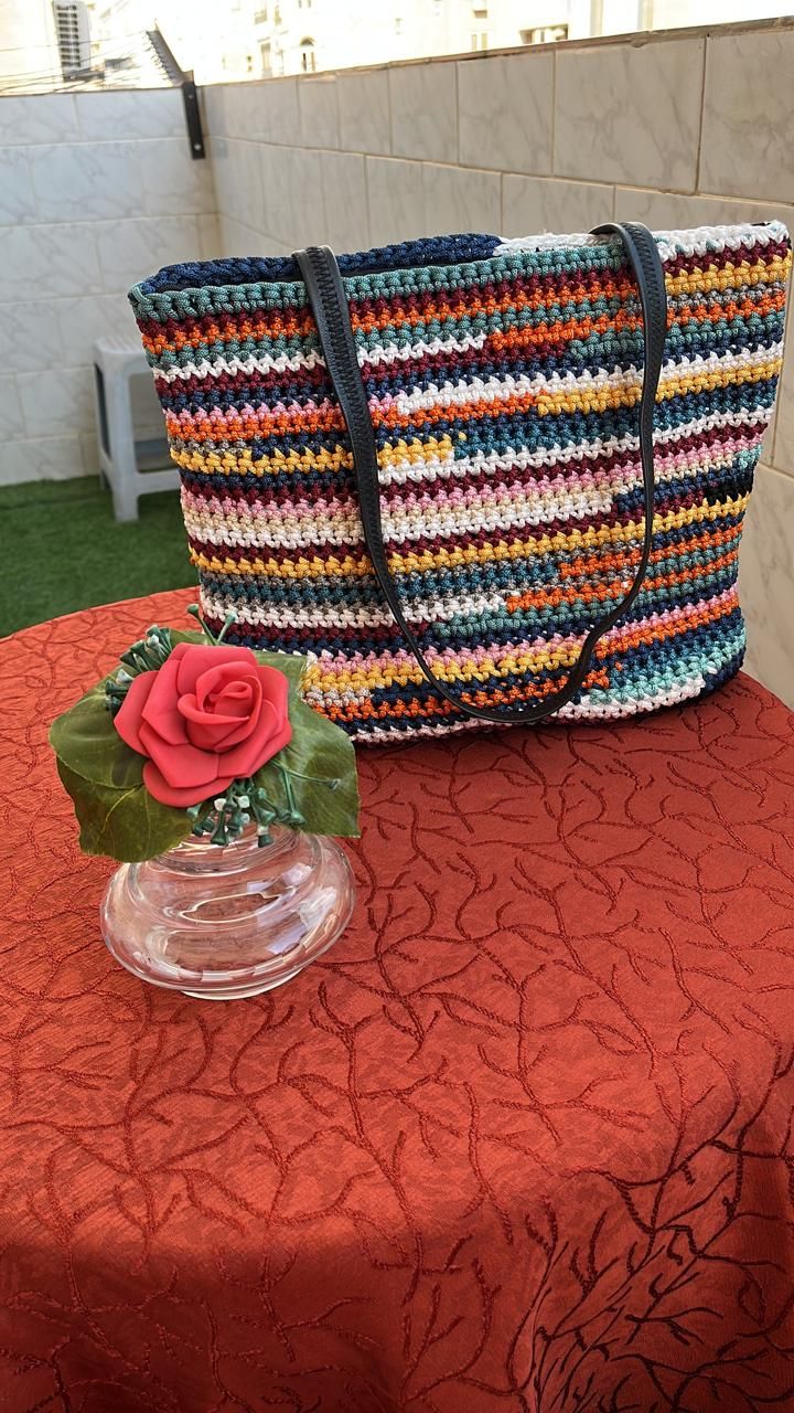 Crochet Striped Tote Bag