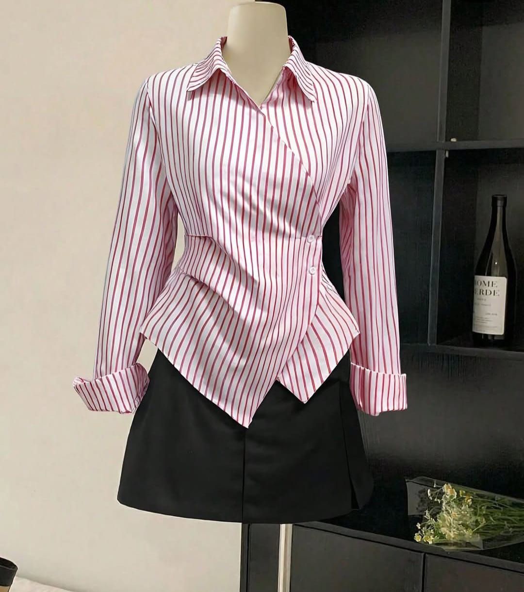 Pink Striped Wrap Blouse