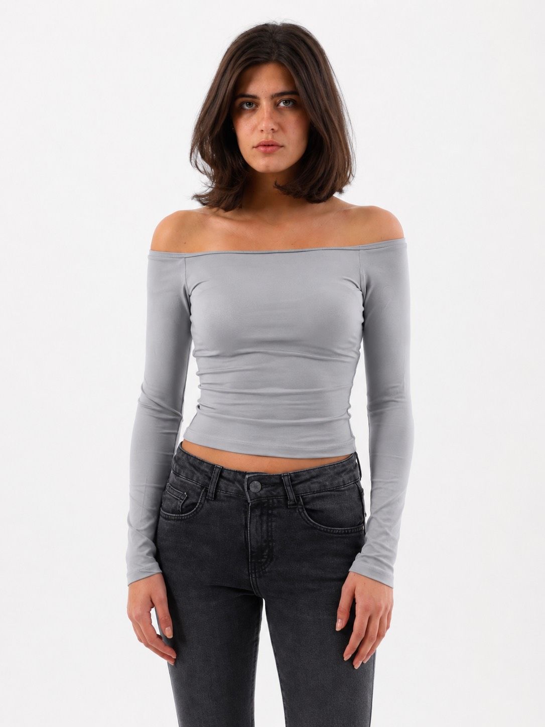 Gray Off-Shoulder Long Sleeve Top