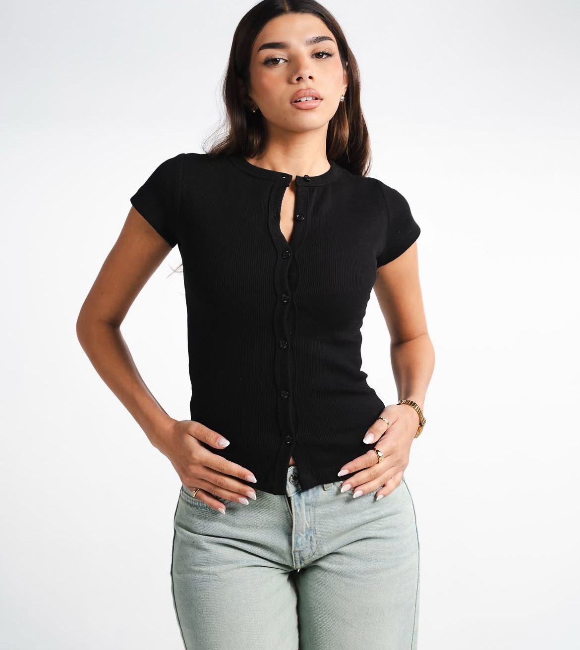 Black ribbed button-up top