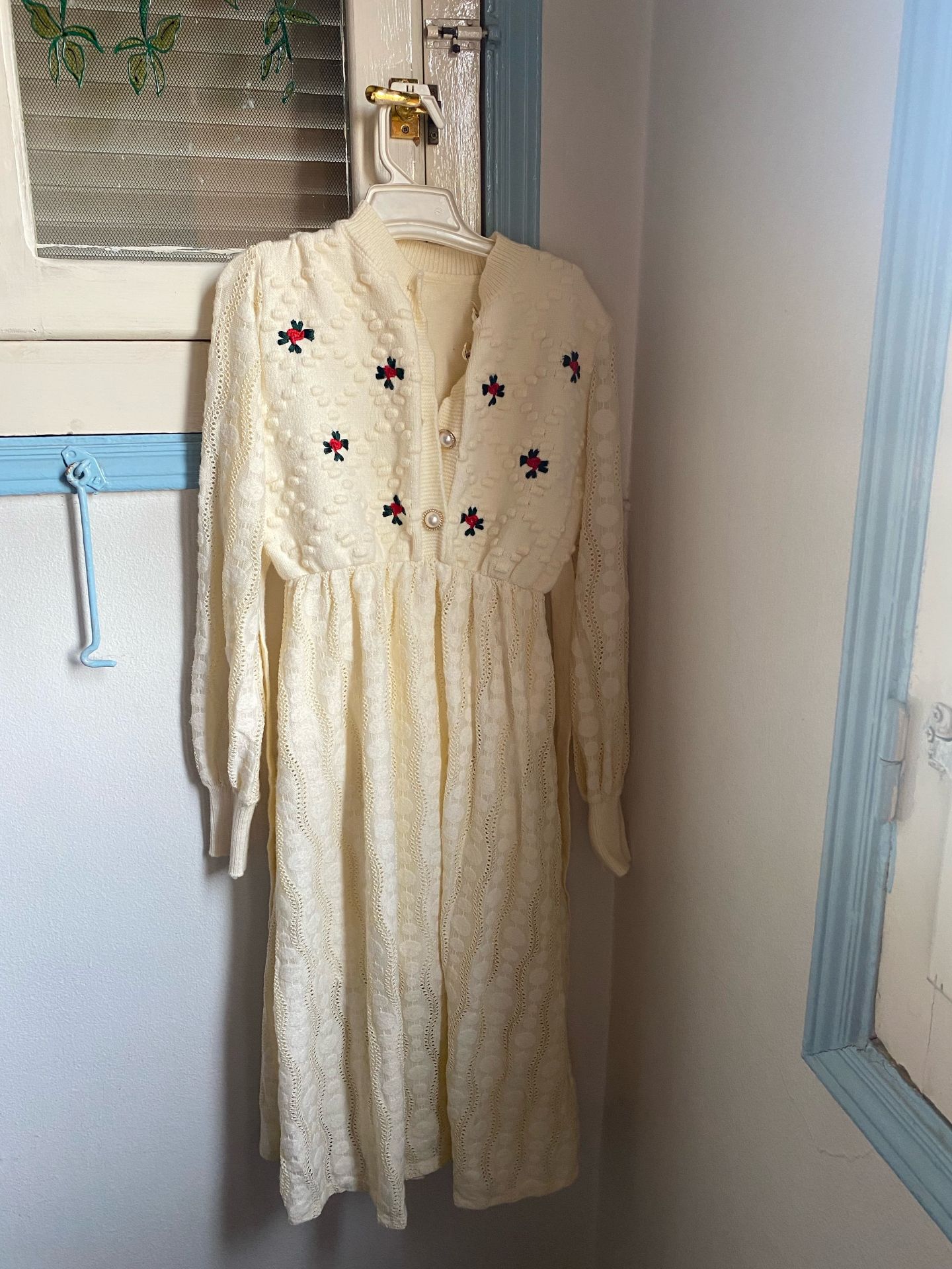 Cream Knit Dress Embroidered Flowers