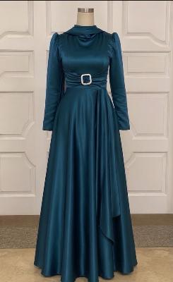 Teal Long-Sleeve Evening Dress