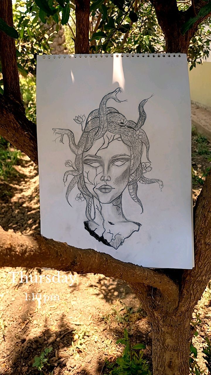 Surreal Face with Snakes Drawing