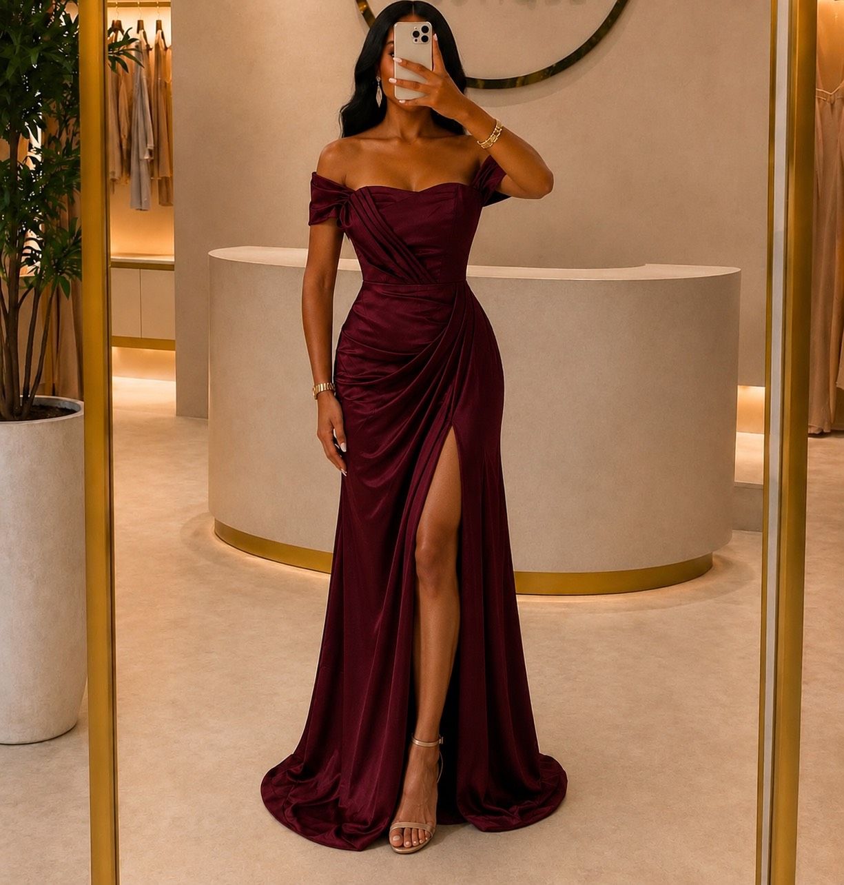 Burgundy Off-Shoulder Gown