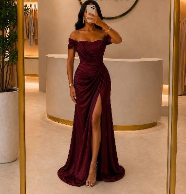 Burgundy Off-Shoulder Gown