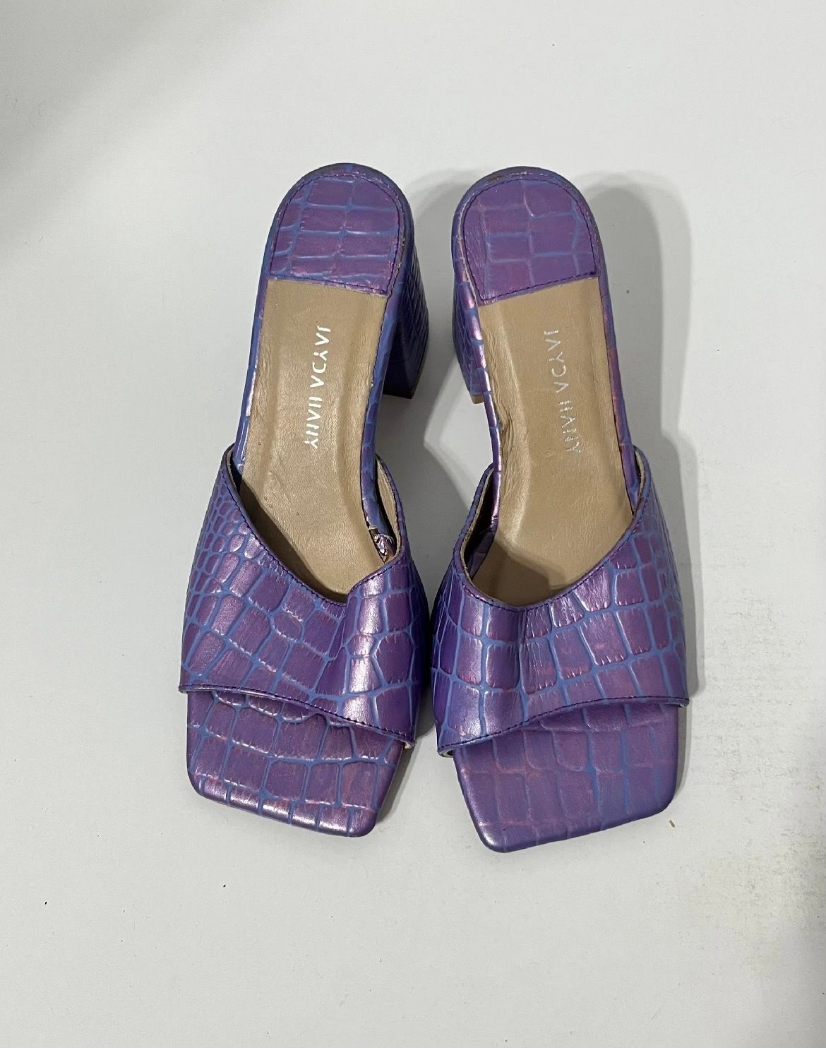 Purple Croc Heeled Mules