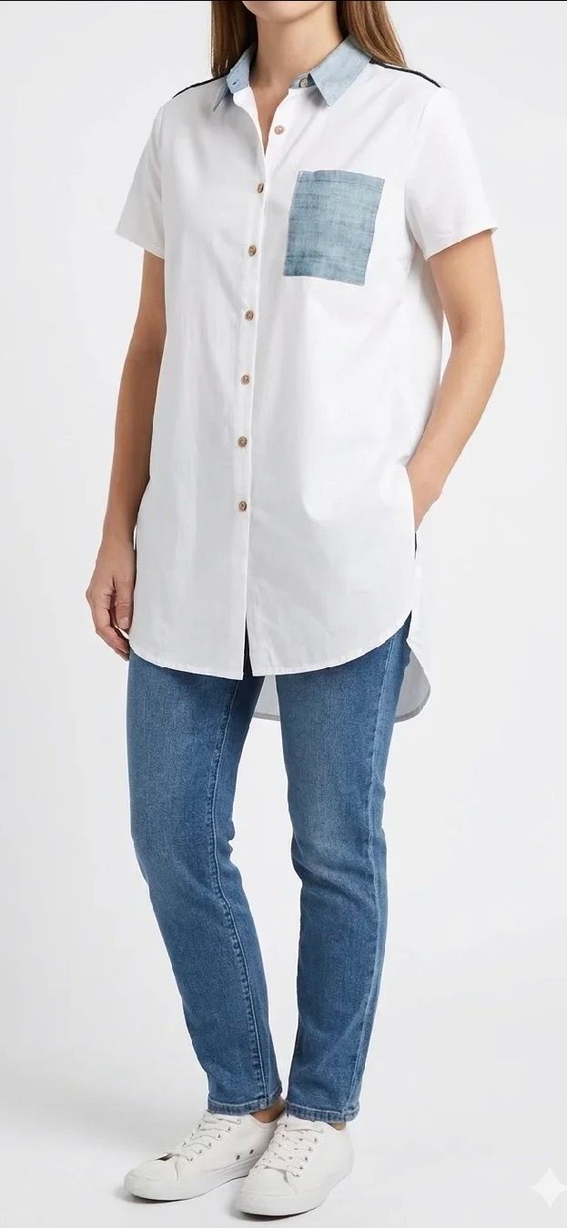 White Button-Up Shirt Denim Pocket
