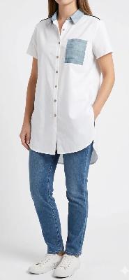 White Button-Up Shirt Denim Pocket