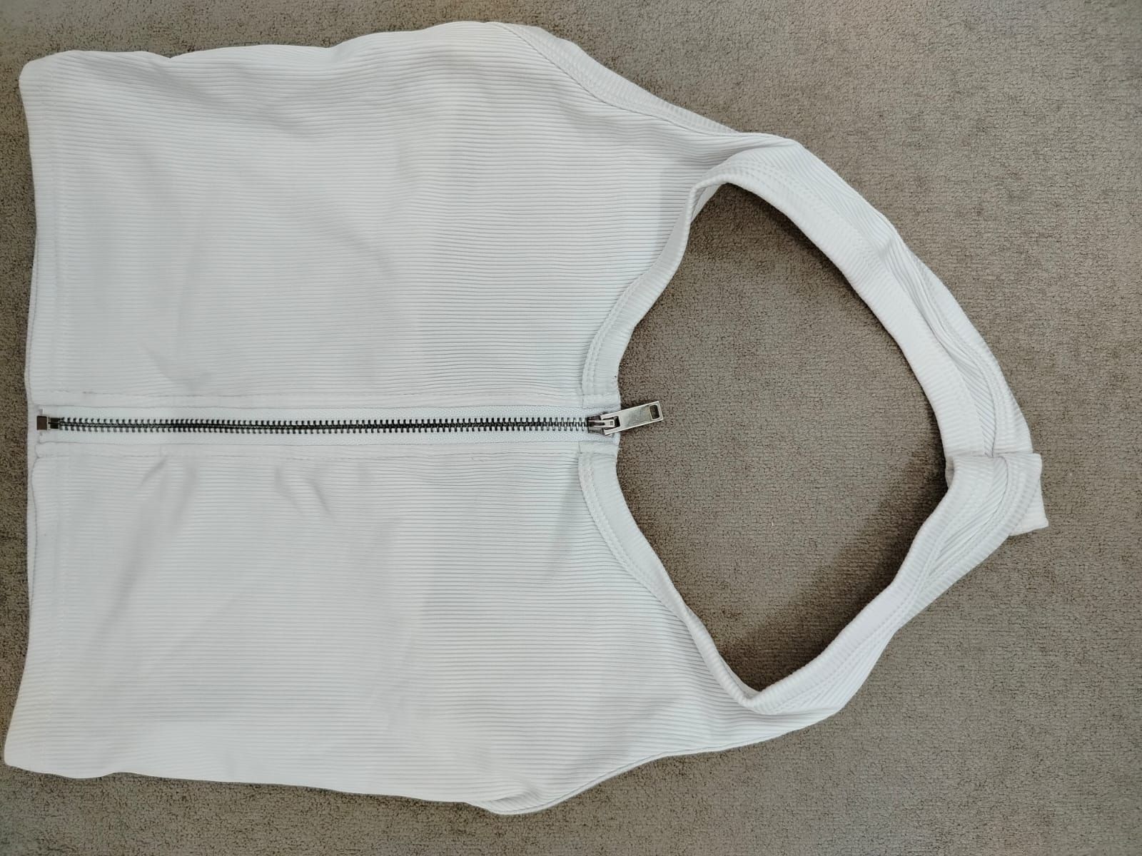 White Ribbed Zip Crop Top