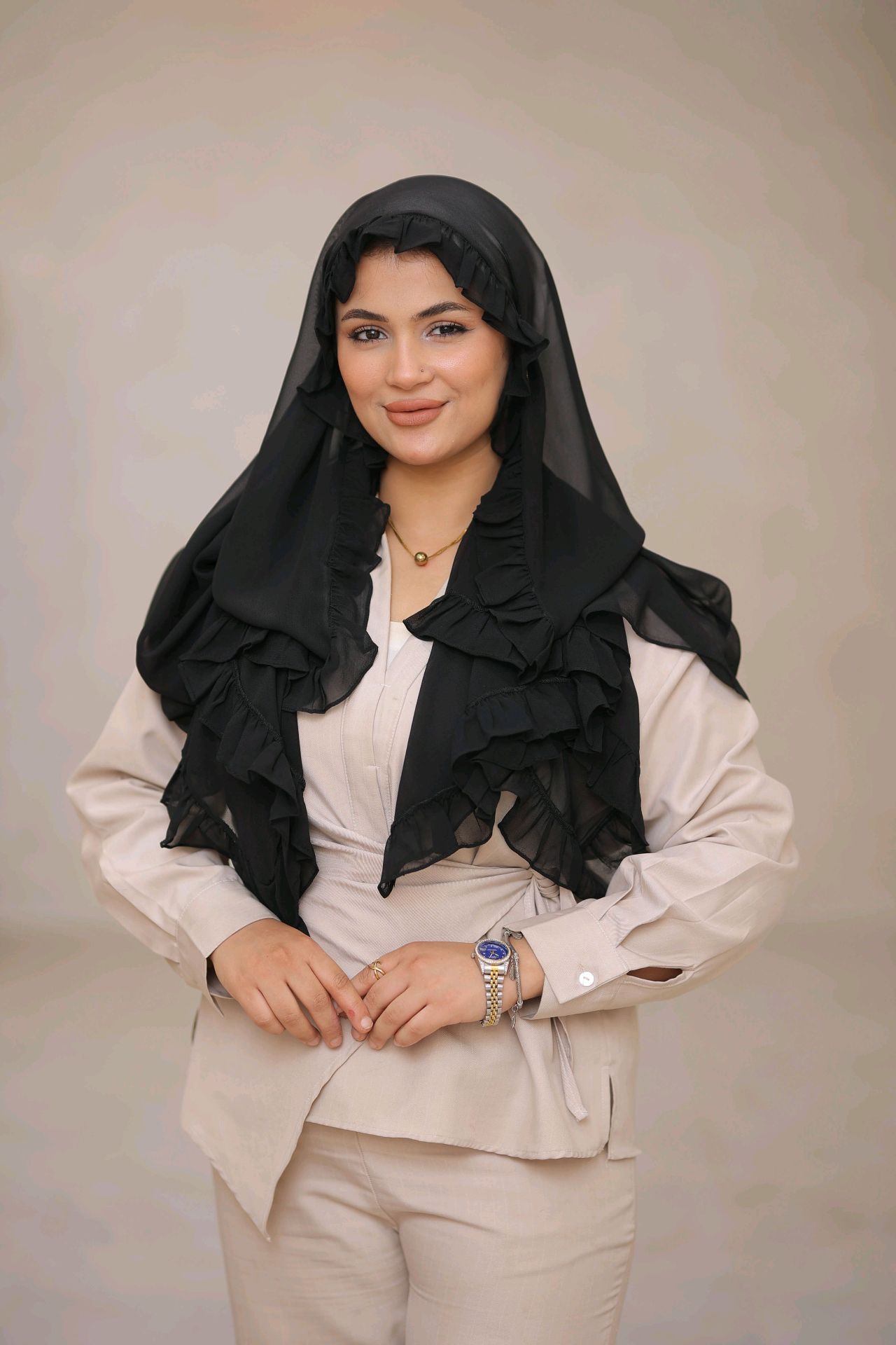 Black ruffled hijab with sheer fabric