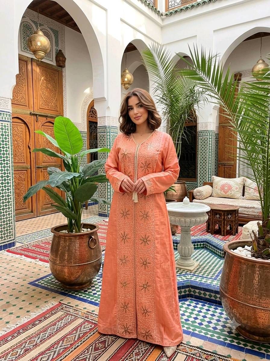 جلابية نسائية مطرزة وردي