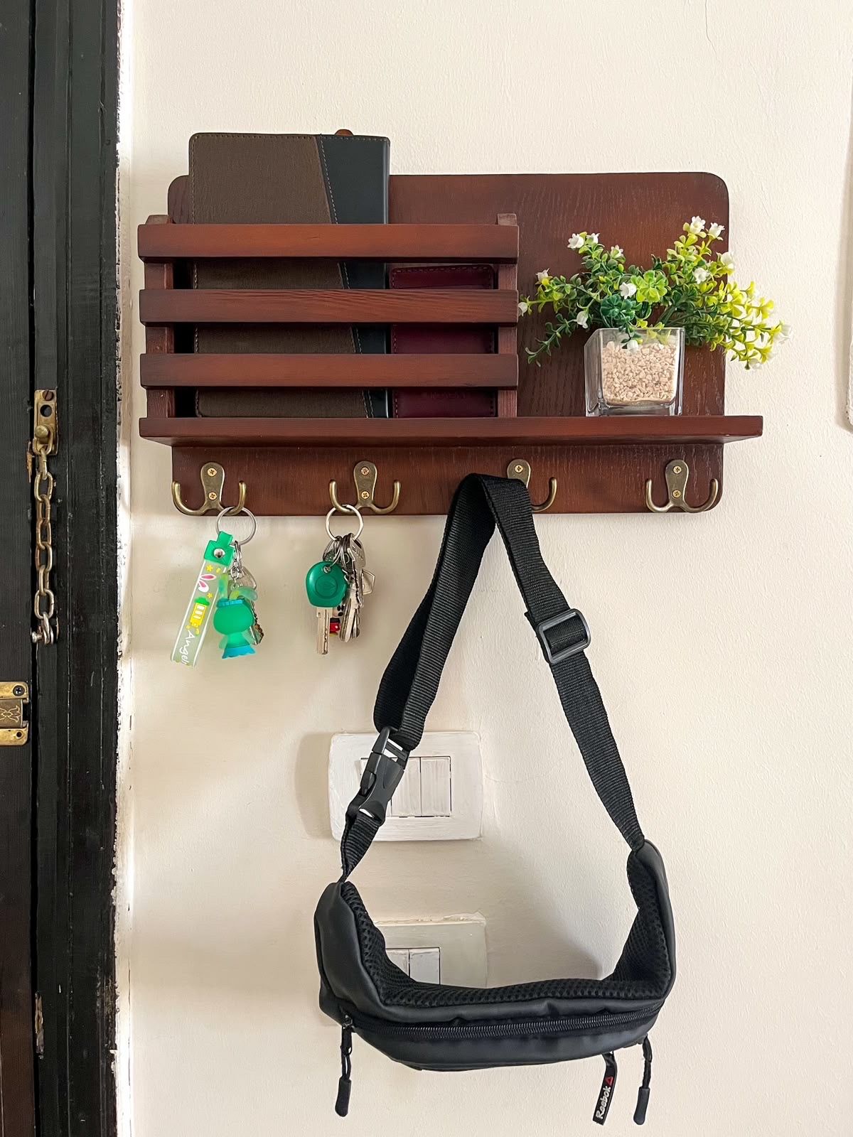 Wooden Wall Shelf with Hooks