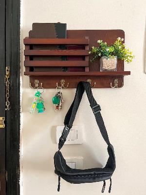 Wooden Wall Shelf with Hooks
