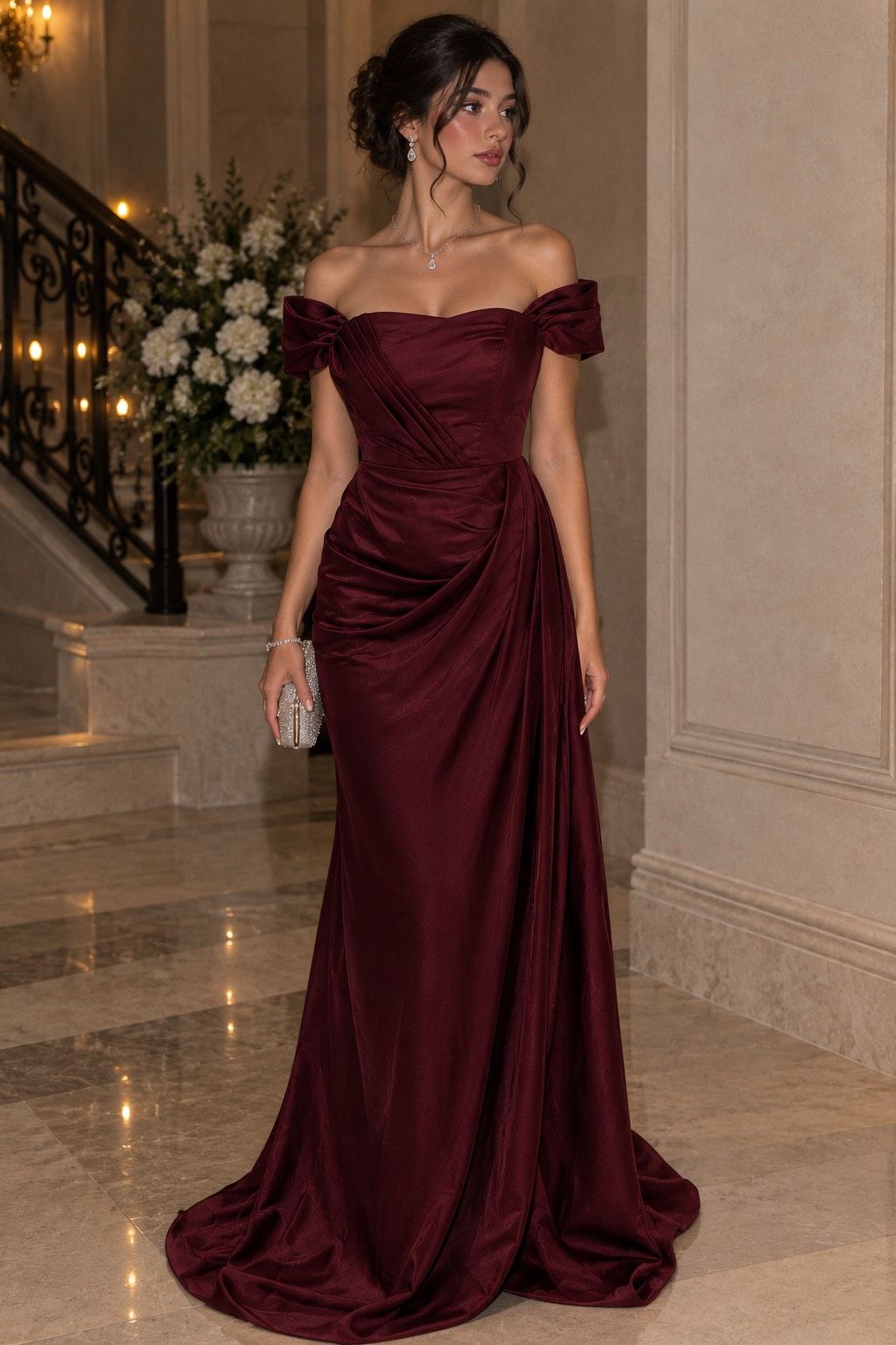 Burgundy Off-Shoulder Gown