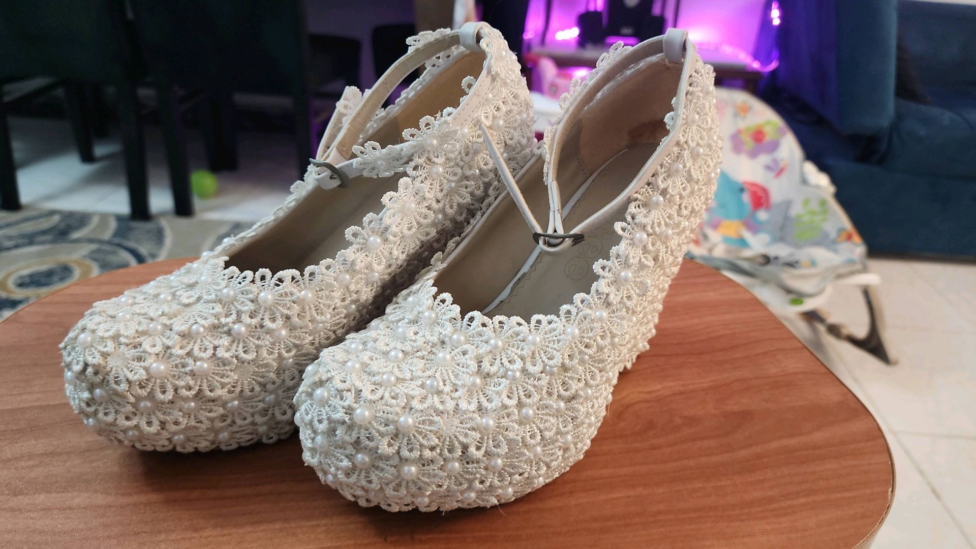White Pearl Lace Heels Shoes