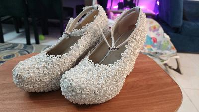 White Pearl Lace Heels Shoes