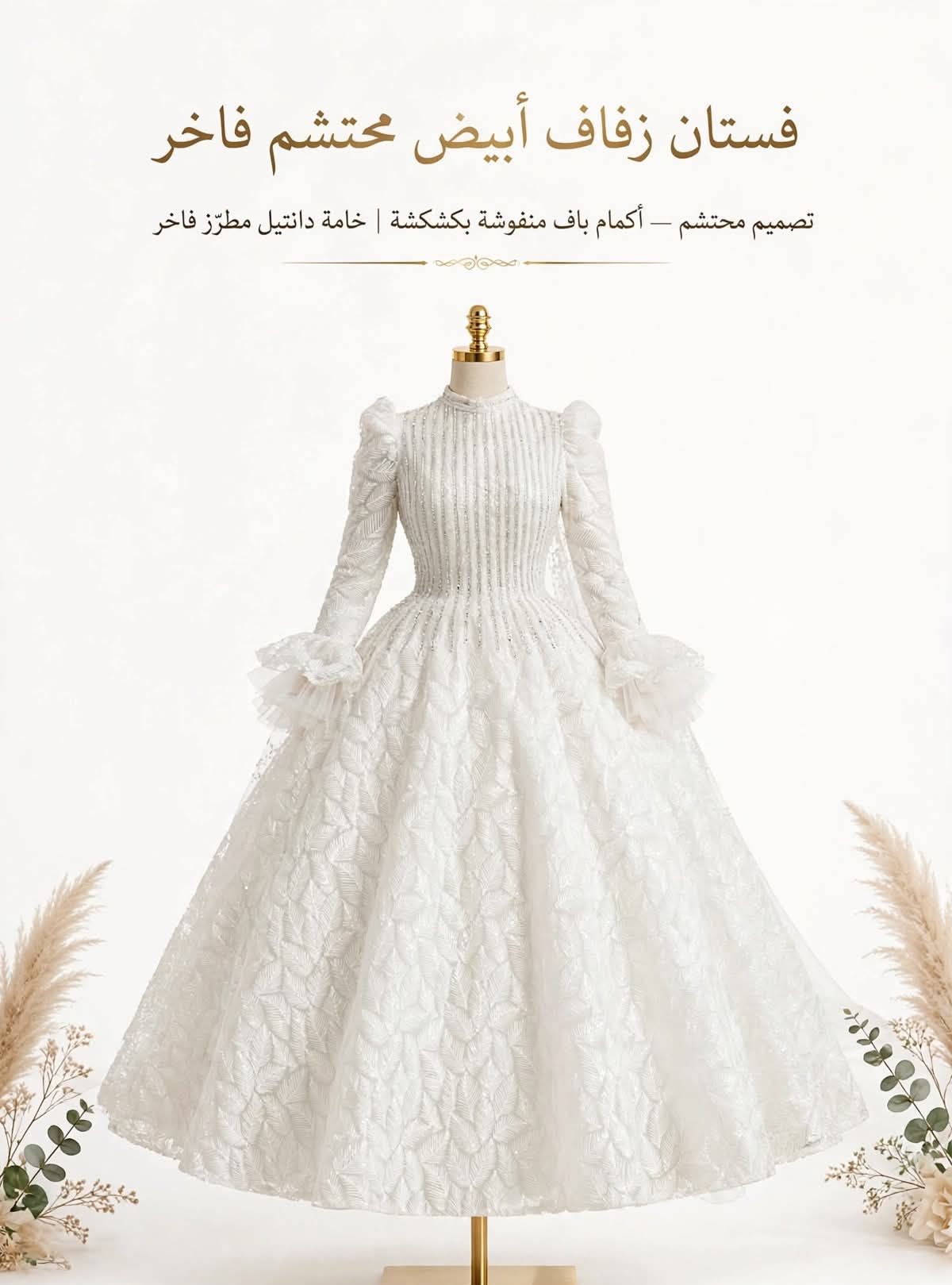 فستان زفاف أبيض بتصميم محتشم