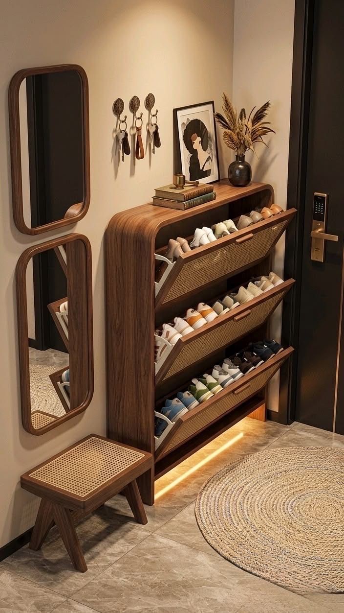 Wooden Shoe Cabinet w/Mirror