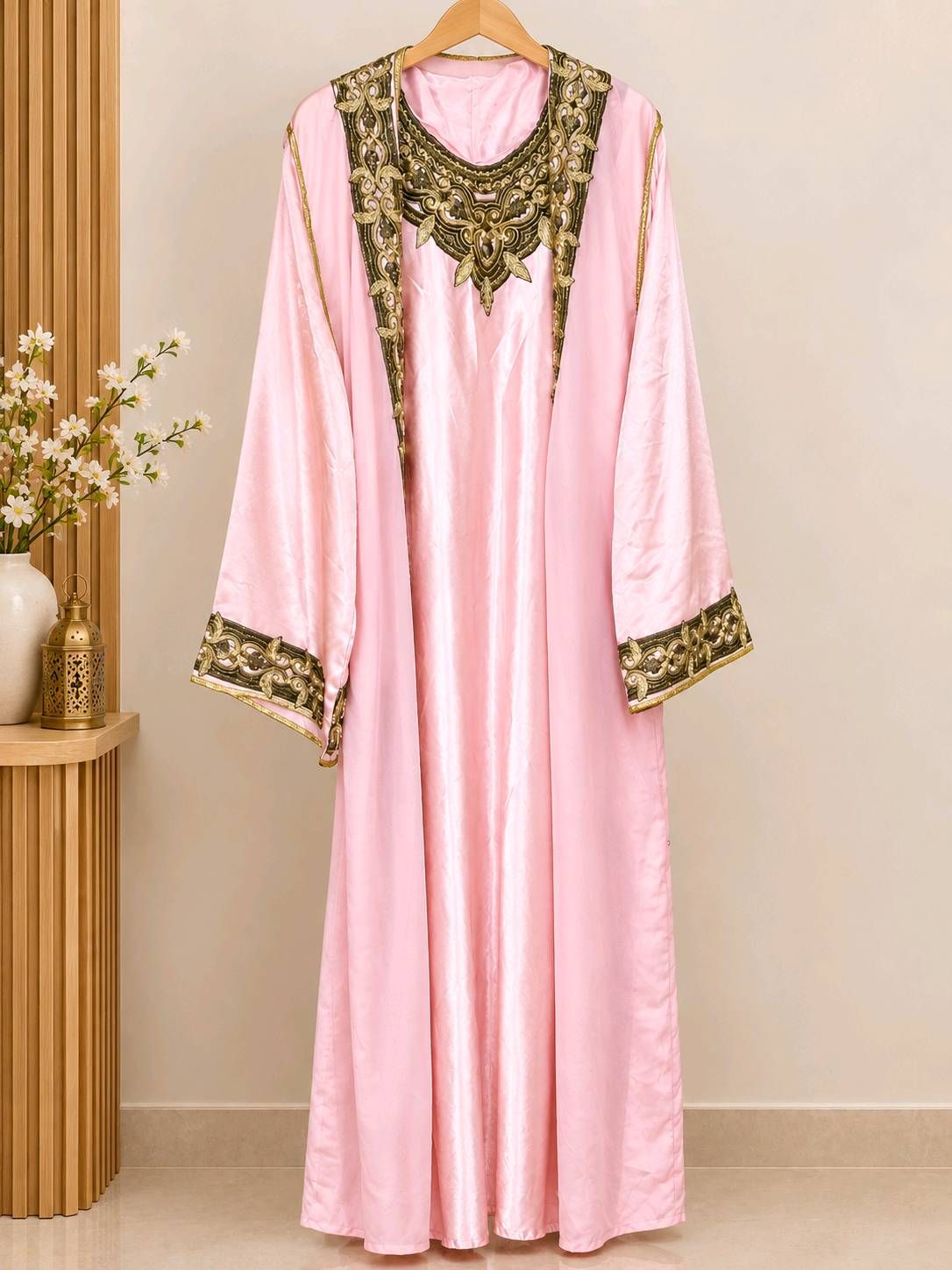 Pink abaya with gold embroidery