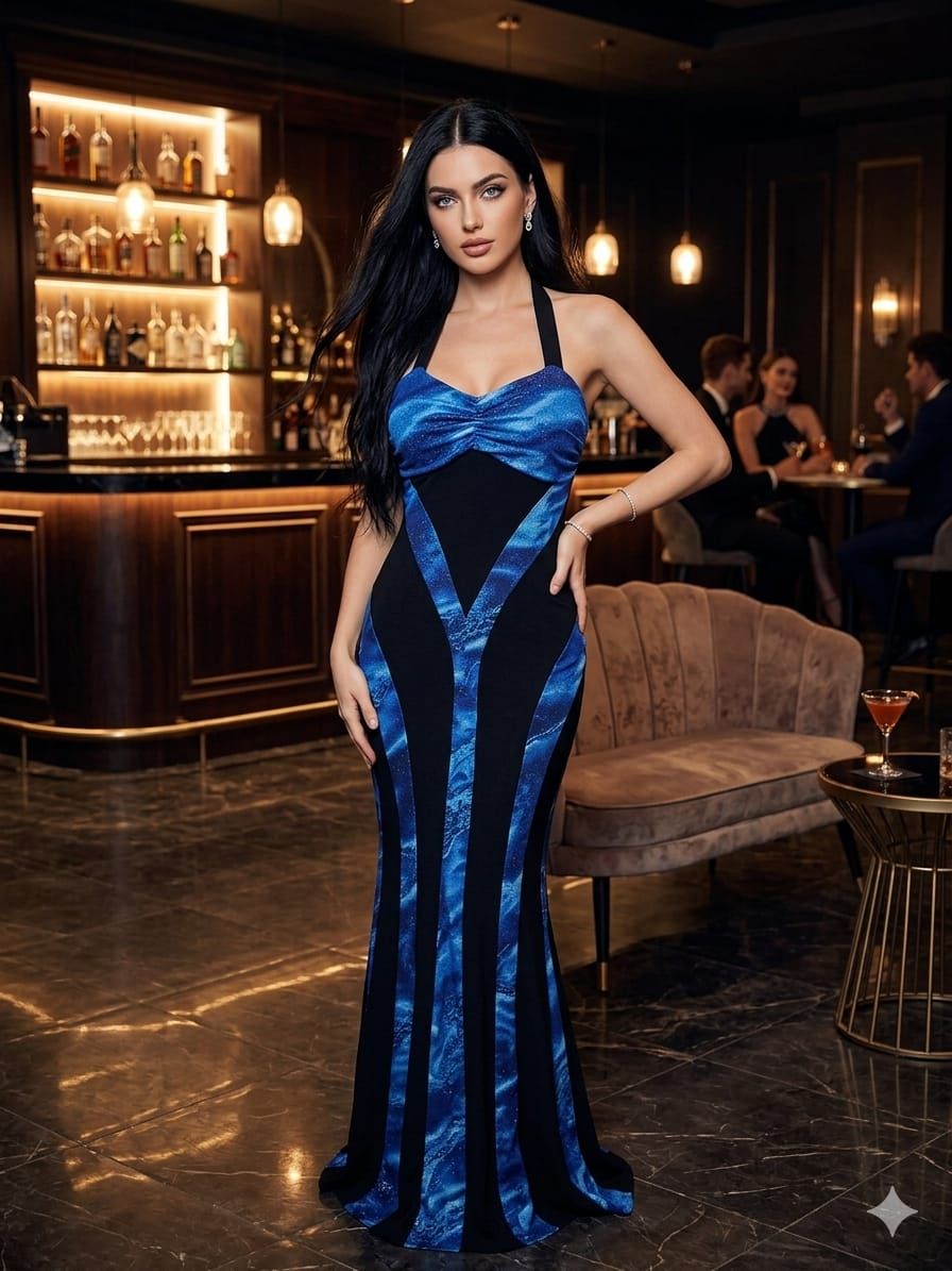 Blue & Black Halter Maxi Dress