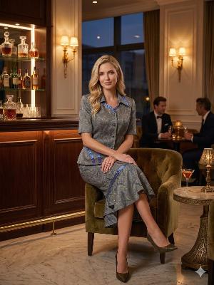 Gray Blue Trim Skirt Suit