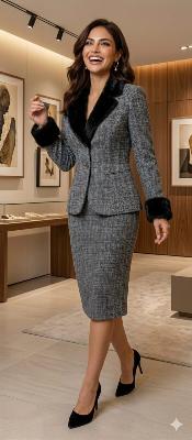 Gray Tweed Blazer Skirt Set