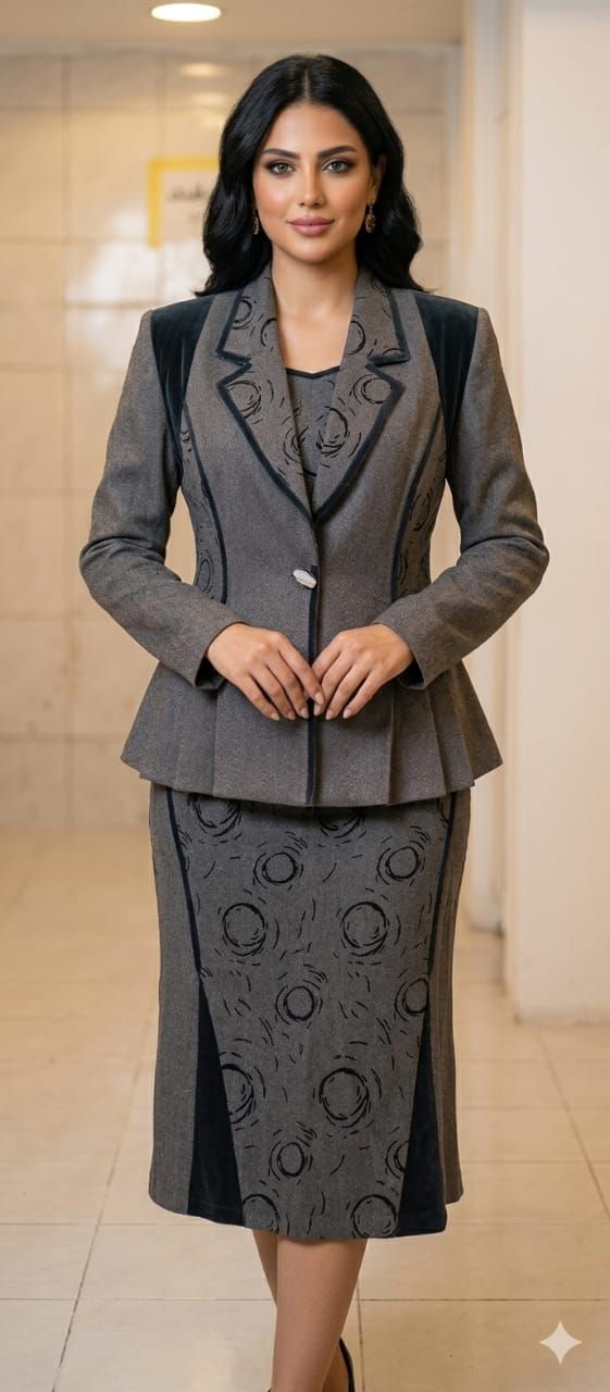 Gray Patterned Blazer Skirt Set