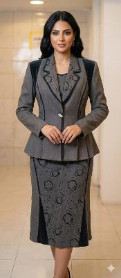 Gray Patterned Blazer Skirt Set