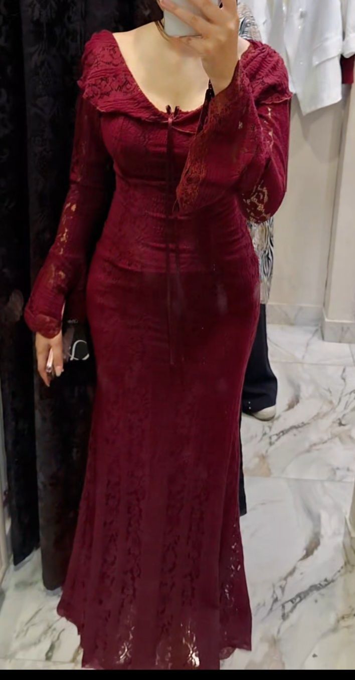 Burgundy lace evening dress