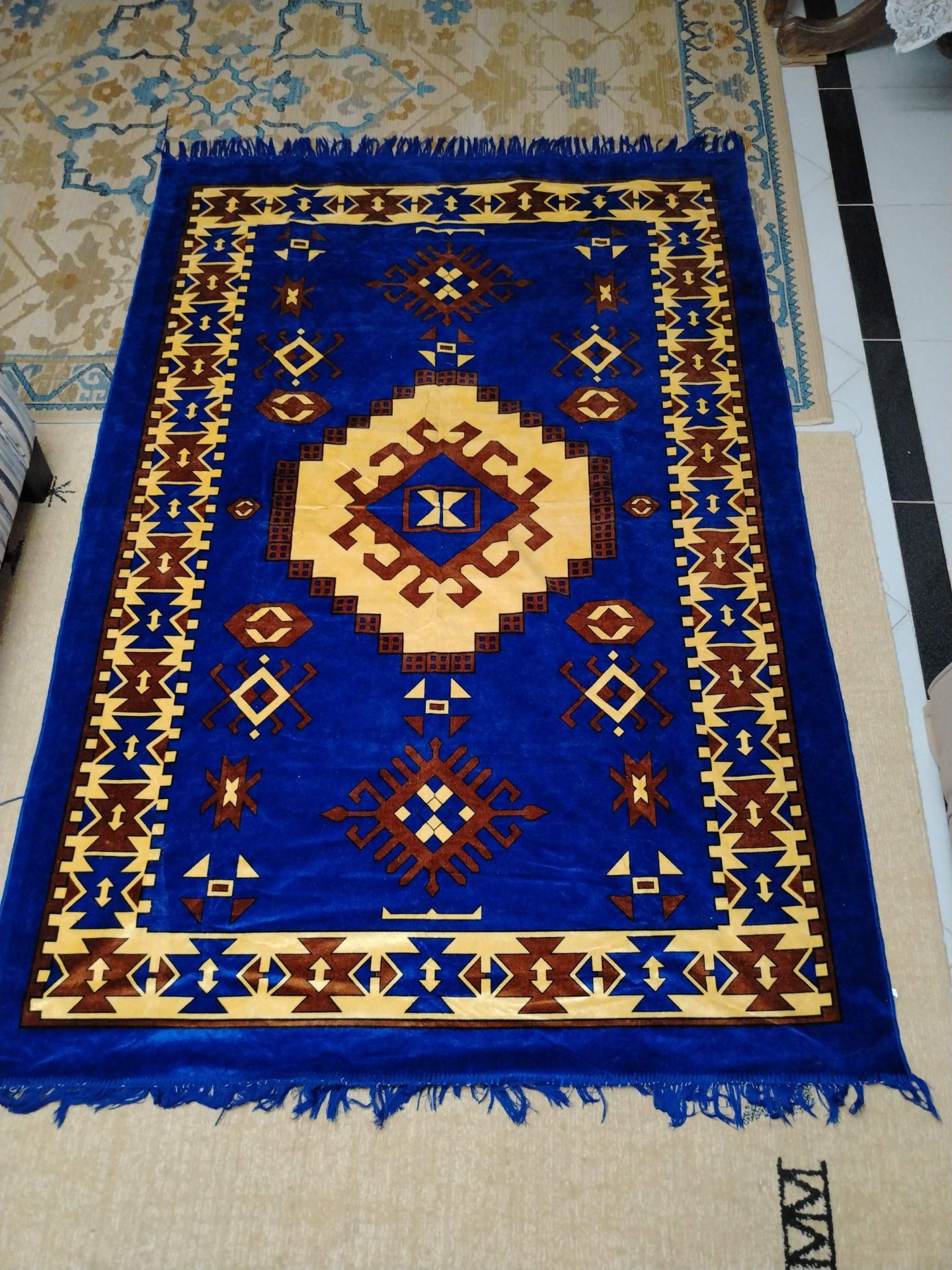 Blue geometric prayer rug